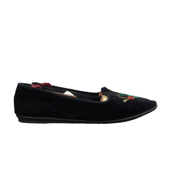 New York Lites Shoes Womens 8 Slippers Velvet Embroidered Horn Holly Black Flats - Picture 2 of 16